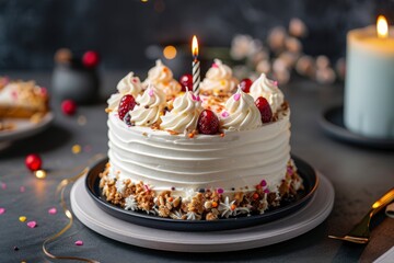 Delicious White Cream Cake with Strawberries and Festive Decorations