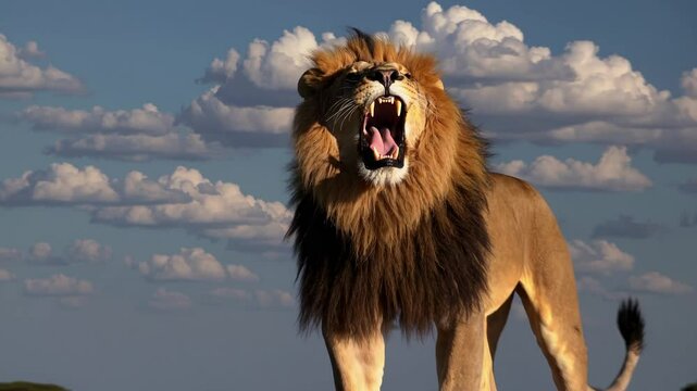 Majestic lion roaring on a rock in a savannah, captured from a low-angle. Dramatic clouds enhance the wildlife video scene's grandeur.