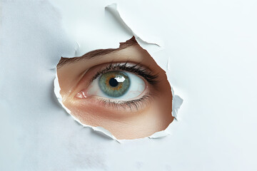 Eye spy peeking through hole in cardboard white paper. Detective or spying concept. Looking through torn paper hole. Peeking from behind the torn hole cardboard paper.