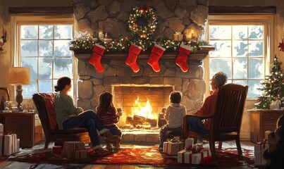 cozy illustration of a family gathered around a fireplace with stockings hanging above it, Generative AI