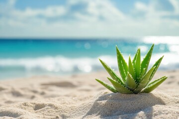 Fototapeta premium Aloe vera plant thriving on sandy beach ocean view nature photography tropical environment vibrant colors relaxing atmosphere