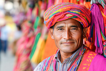 Vibrant cultural portrait of a man in traditional attire at urban market