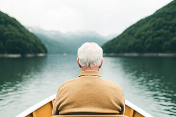 Fototapeta premium Elderly man rowing on lake serene nature scene peaceful environment close-up