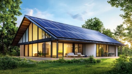 Modern House with Solar Panels Surrounded by Lush Greenery in Nature