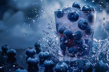 Fresh Blueberries in Glass with Splash and Water Droplets Effect