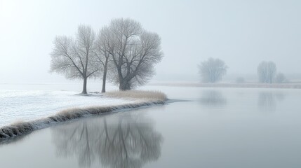 Winter Foggy Riverbank with Trees