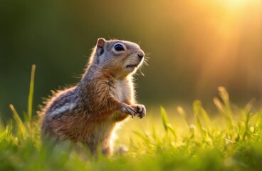 Adorable ground squirrel posing in grassy field with blurred natural background and sunlit fur, low angle shot.