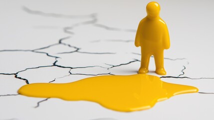 Yellow Figurine Standing on Cracked Surface with Spilled Paint Environmental Concept