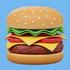 Cartoon Cheeseburger Illustration with Lettuce, Tomato and Sesame Bun on Blue