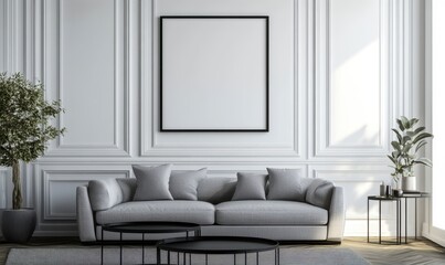 Modern Living Room with Minimalist Design and Empty Wall Art Frame
