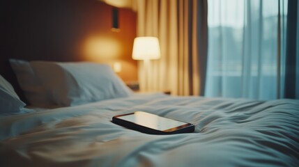 Phone overuse in a hotel room. Featuring decreased relaxation and digital encroachment