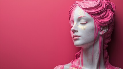 Obraz premium Pink Painted Female Sculpture Crackled Texture Art Deco Style Abstract Head Elegant Pose