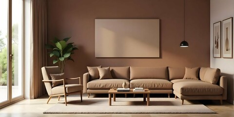 Modern comfortable brown mocha mousse 2025 color  living room decor design saccessories with  cozy beige sofa The white walls are gently lit by the dim light,large windows overlooking and neutral tone