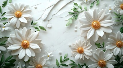 White daisies with golden centers scattered along the edges, intertwined with fresh green foliage, clean, softly textured central space for text, warm natural lighting, hd sharpness,