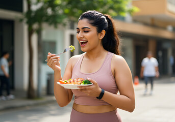 Woman Eating Healthy Salad Outdoors, Generative AI image, Fit Woman Enjoying Salad After Workout, Generative AI image