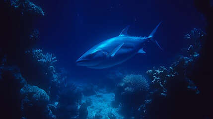 Graceful Tuna Swimming Through Underwater Coral Reef Ecosystem in Deep Blue Ocean Water Scene.