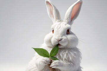 Obraz premium Fluffy white rabbit eating a green leaf against a light gray background.