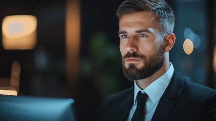 A focused businessman in a suit working late on a computer, showcasing dedication and professionalism in a modern environment.