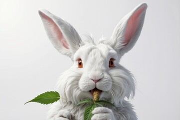 Obraz premium Fluffy white rabbit eating a leaf.
