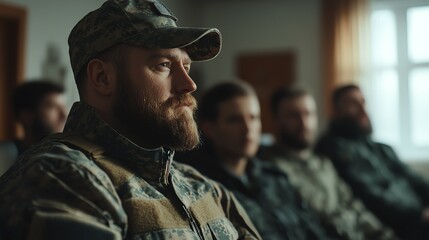 Fototapeta premium A focused group of soldiers listen intently during a training session, highlighting discipline and camaraderie in military life.