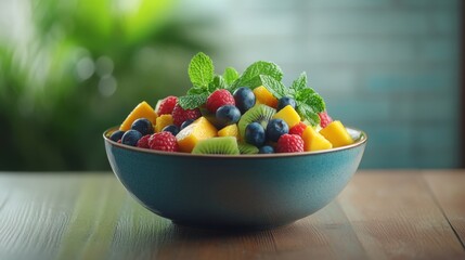 Fresh fruit salad served in a blue bowl. This colorful mix includes berries, kiwi, and mango. A healthy treat for all occasions. Generative AI