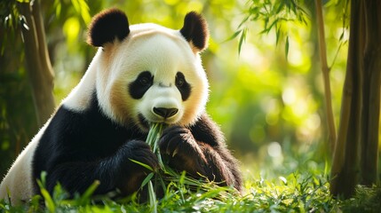 Fototapeta premium Giant panda eating bamboo in a lush green forest