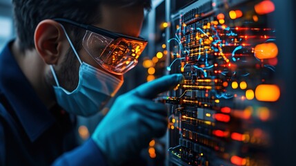 Man in mask and glasses working on server in a data center with multiple server racks and equipment