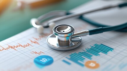 Stethoscope on digital health chart with medical symbols and devices in background