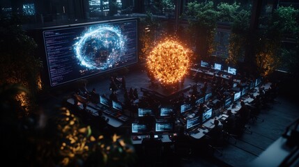 Team of professionals in a futuristic office analyzing data displayed on a large screen with fireball graphics