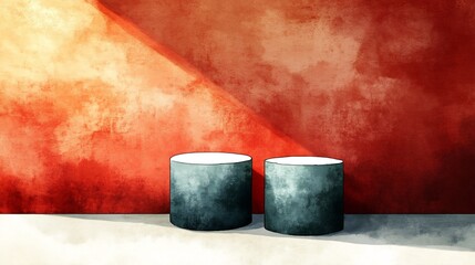 Warm light illuminates two cylindrical forms against a richly textured red watercolor backdrop. AI Generated