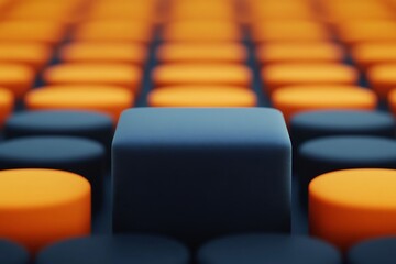 Fototapeta premium Dark cube uniquely stands out among vibrant orange and dark cylindrical shapes. AI Generated