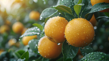 oranges on the tree Close-up of fresh oranges covered in dewdrops hanging from a lush green tree with soft sunlight filtering through the leaves creating a refreshing and natural atmosphere.