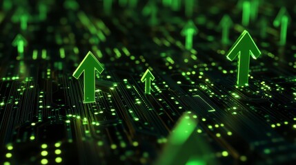 Green Digital Arrows Rising on Circuit Board Background with Lights