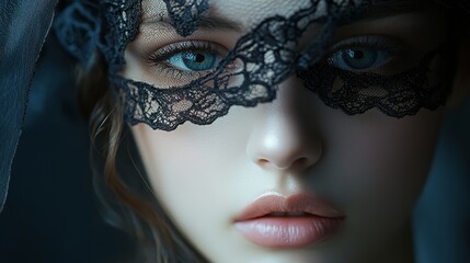 Mysterious Portrait of a Young Woman with Lace Mask and Striking Blue Eyes