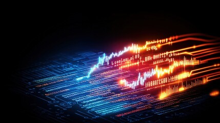 Digital stock market chart displayed on computer screen with abstract background and code elements