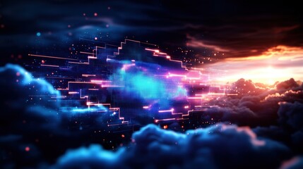 Fototapeta premium Futuristic cityscape in clouds with abstract blue mint and pink background in high fidelity digital art