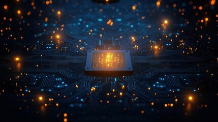 Circuit board with illuminated connections and abstract digital network background in high resolution