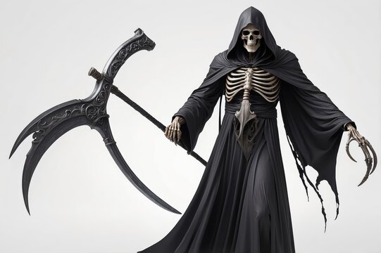 Grim reaper, skeletal figure in black robe, holding scythe.