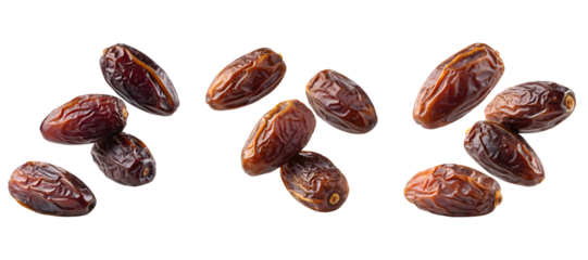 Four Medjool dates falling isolated on PNG background