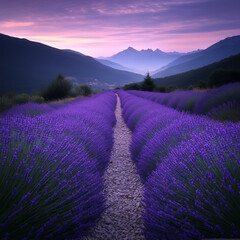Obraz premium Lavender Field Path Under Twilight Sky Serene Mountain Backdrop Purple Hues Landscape Beauty.
