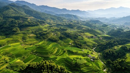 Breathtaking Aerial View of Lush Green Rice Terraces and Mountains