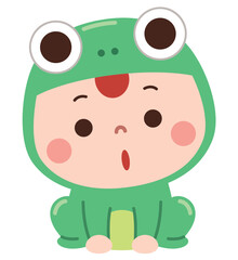 Adorable cartoon illustration of a baby dressed in a frog costume, featuring big round eyes on the hood and a surprised expression.