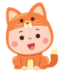 Adorable cartoon illustration of a baby dressed in a charming fox costume, complete with pointy ears, a fluffy tail, and a cheerful expression