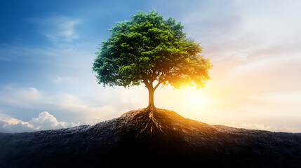 Lone Tree Stands Tall Against the Sky a Symbol of Growth and Strength at Sunrise Symbolism.