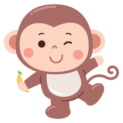 Charming cartoon illustration of a baby dressed in an adorable monkey costume, featuring a curly tail, round ears, and a playful expression while holding a tiny banana.