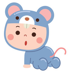 Adorable cartoon illustration of a baby dressed in a playful mouse costume, featuring big round ears, a tiny pink tail, and an expressive surprised face
