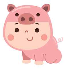Fototapeta premium Adorable cartoon illustration of a baby dressed in a pink pig costume, featuring a round snout, tiny ears, and a curly tail.