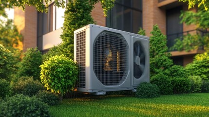 Air conditioner and air source heat pump installed in residential yard with grass surrounding the unit
