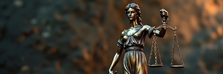 Fototapeta premium Bronze lady justice raises scales against a dark bokeh background. Concept of attorney advertising, legal education slides, law firm websites, legal blog articles, and court news headers.