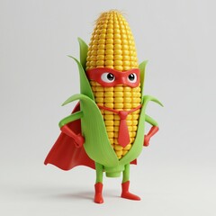 Cartoon Corn Character As Superhero with Cape and Mask Illustration